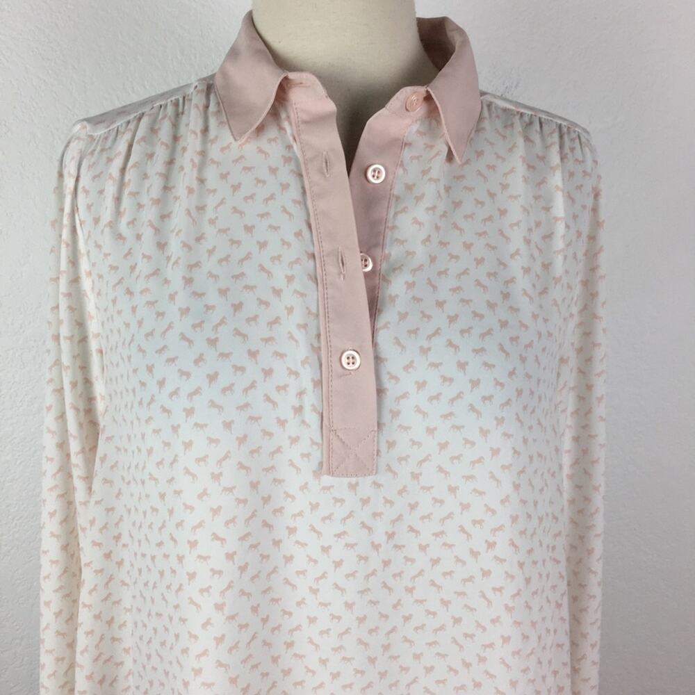 Free People Pink Pop Over Pink  Horse Print Long Sleeve Blouse  Top XS - Picture 3 of 8